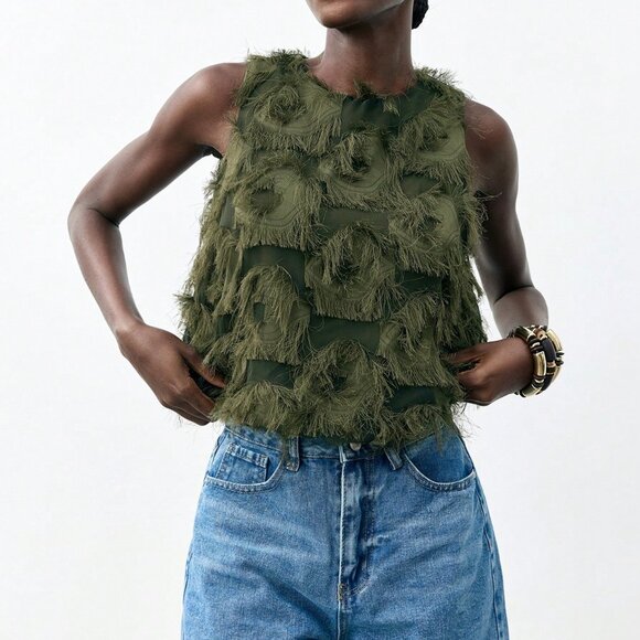 Tops - Army Green Bohemian Women's Jacquard Fabric Peplum Camisole